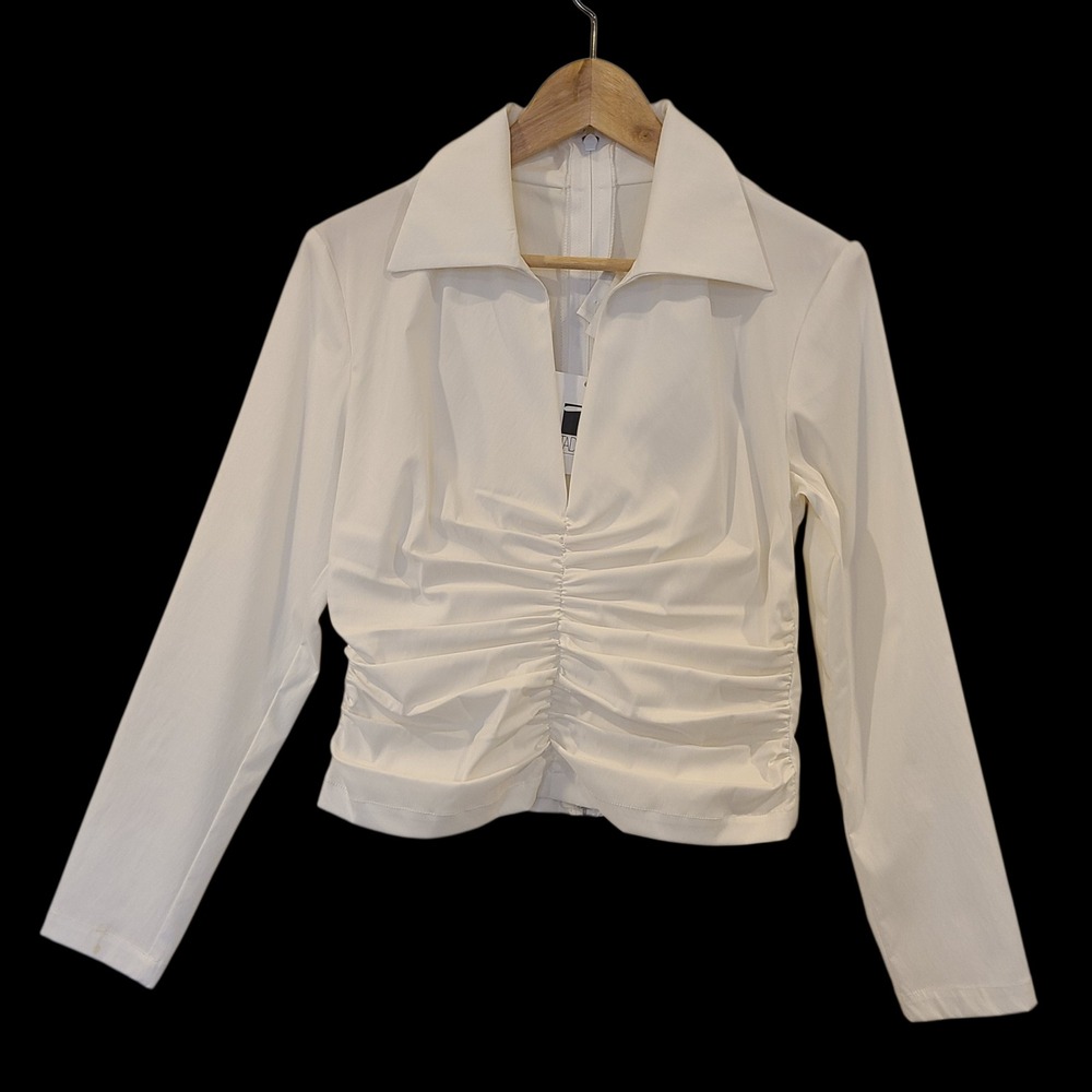 NWT Tadashi White Ruched Front V-Neck Blouse Long Sleeve Back‎ Zip Vintage 6